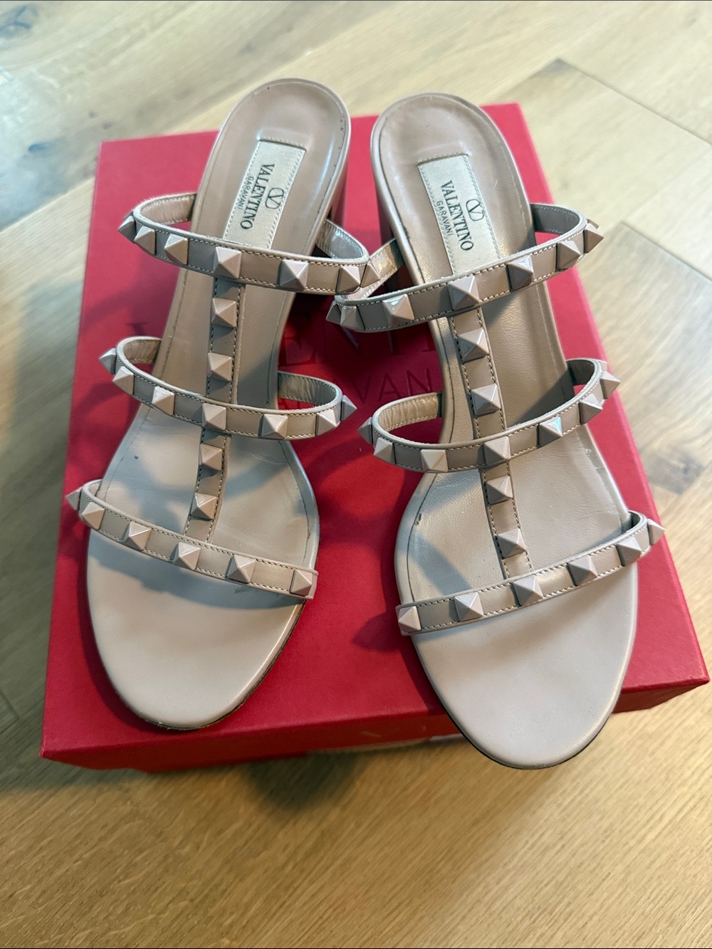 Valentino Beige Rockstud Multi-Strap Slide Sandals
